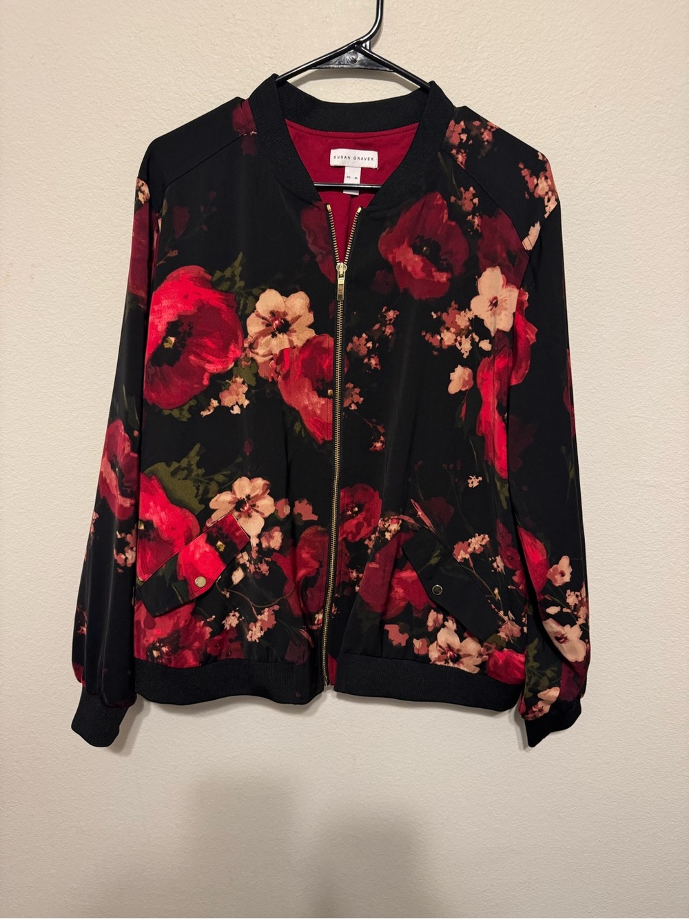 Susan Graver Black Floral Bomber Jacket with Red Accents